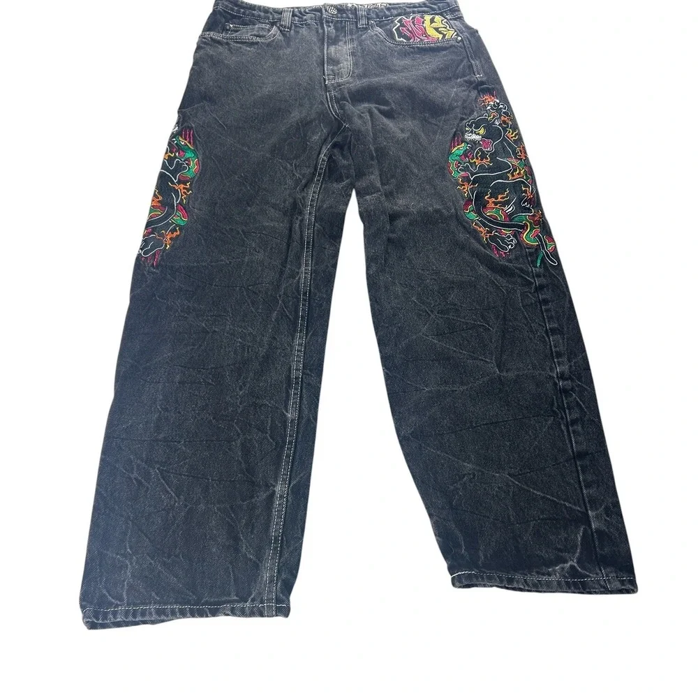 Ambush Mens 32 Baggy Jeans Acid Wash Black Embroidered Panther Snake Y2K Street
